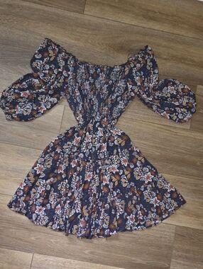 Angie Navy Floral Off-Shoulder Puff-Sleeve Mini Dress